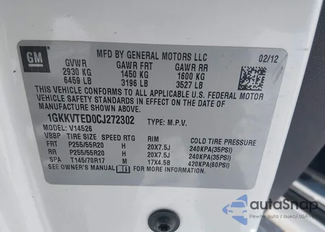 2012 GMC Acadia Denali z USA, uszkodzony, nr VIN 1GKKVTED0CJ272302